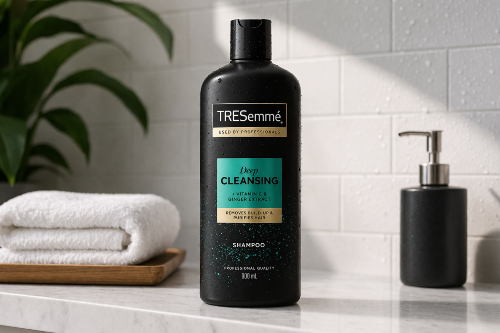 TRESemmé Deep Cleansing Shampoo bottle on marble countertop with fresh bathroom setting, highlighting anti-buildup hair care for oily scalp
