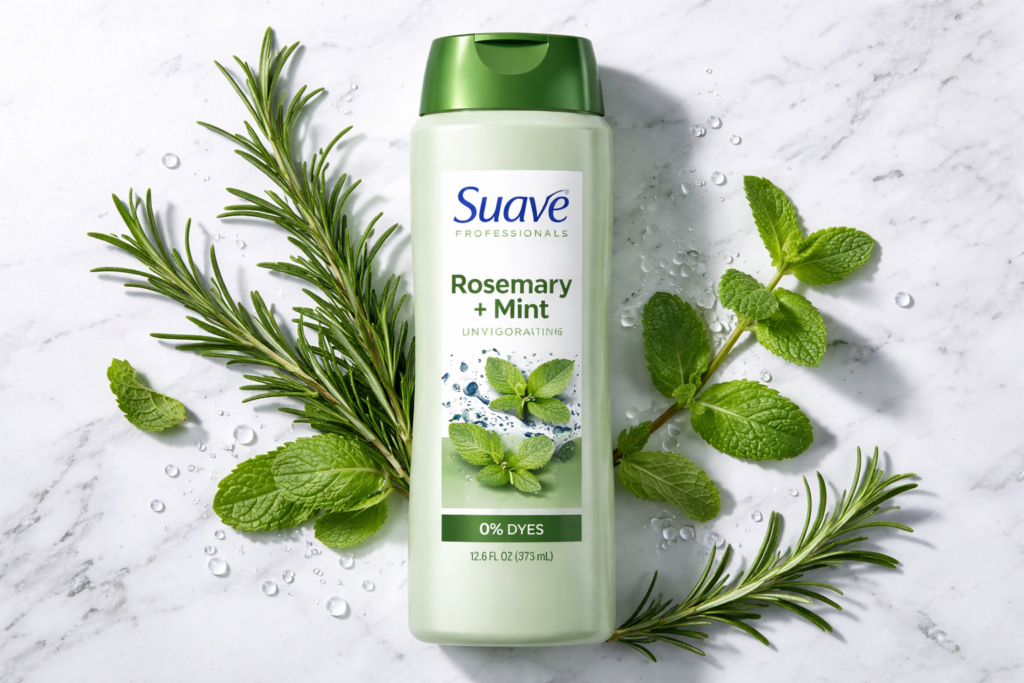 Suave Professionals Rosemary + Mint Invigorating Shampoo bottle with fresh herbs on marble background for healthy, refreshing hair care