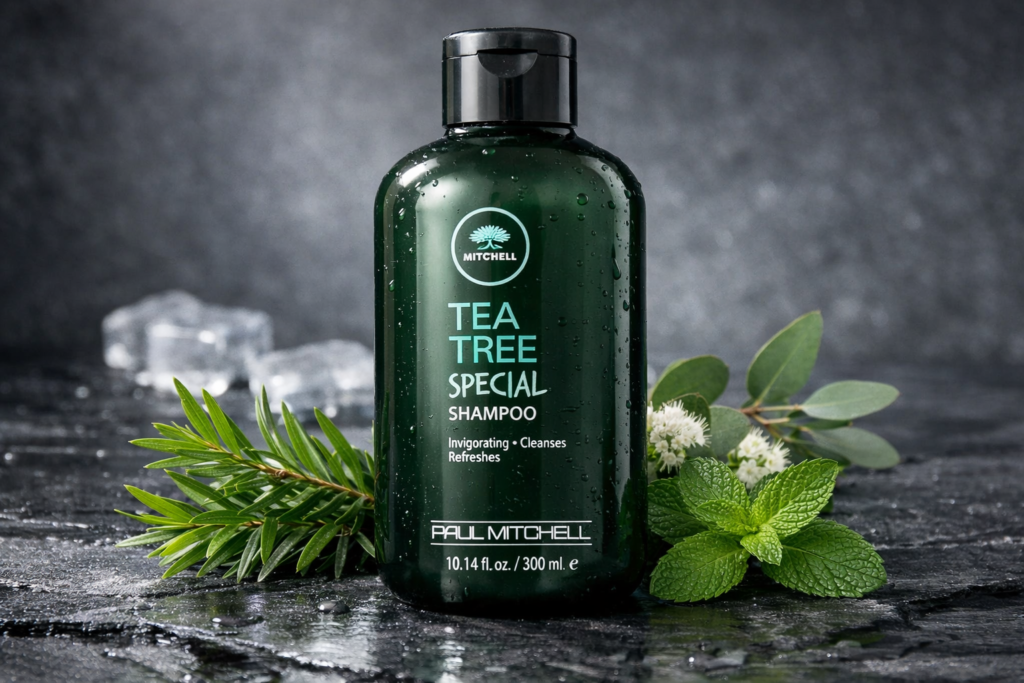 Paul Mitchell Tea Tree Special Shampoo bottle with fresh tea tree and mint leaves on a clean background, invigorating hair care product for oily scalp and deep cleansing.