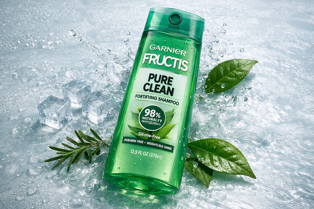 Garnier Fructis Pure Clean Fortifying Shampoo with green bottle, fresh leaves, and water splash – lightweight silicone-free shampoo for oily hair and deep cleansing