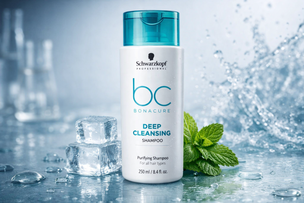Schwarzkopf Bonacure Deep Cleansing Shampoo bottle with mint and ice on wet surface, clarifying shampoo for oily hair and buildup removal