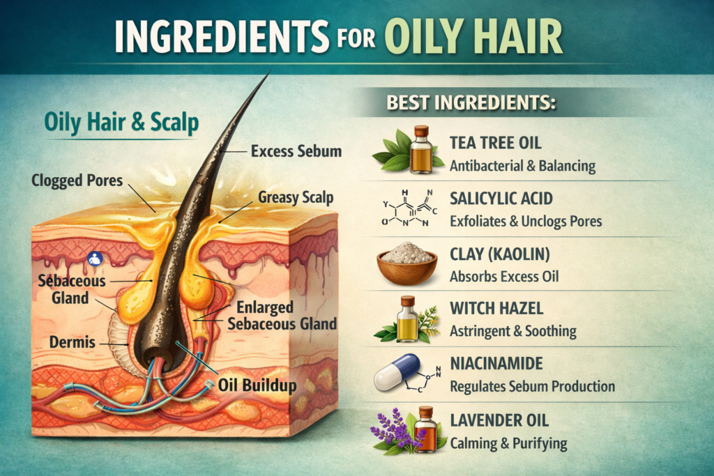 Infographic showing oily scalp diagram with clogged pores, excess sebum, and key ingredients like tea tree oil, salicylic acid, and clay for controlling oily hair