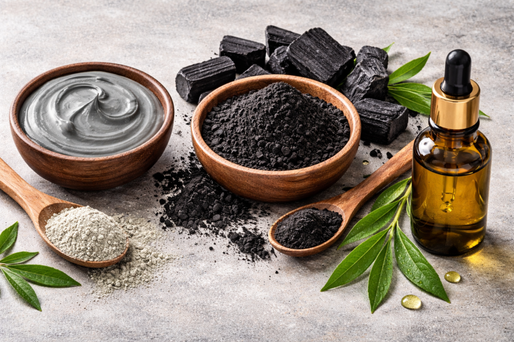 Clay, charcoal powder, and tea tree oil ingredients for oily hair treatment on a clean background