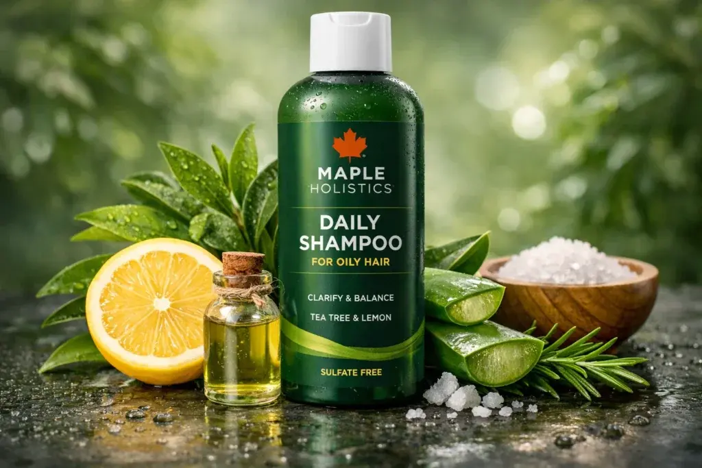 Maple Holistics shampoo for oily hair with tea tree lemon clarifying scalp and balancing oil production