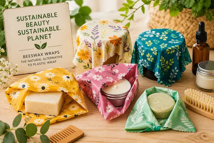 : Colorful beeswax wraps used for sustainable beauty product storage as eco-friendly alternative to plastic wrap