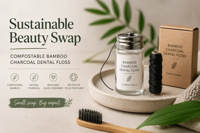  Compostable bamboo charcoal dental floss in glass refillable container — sustainable beauty swap
