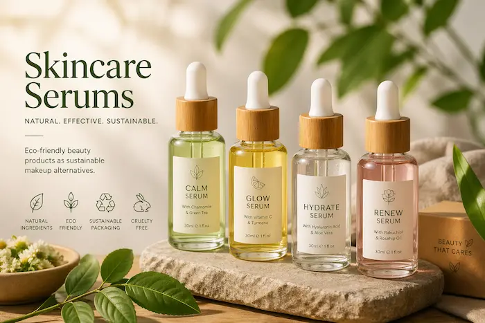 Skincare serums in glass bottles with dropper — eco-friendly beauty products as sustainable makeup alternatives