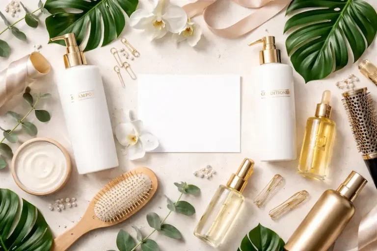 Flat lay of premium hair care products including shampoo, conditioner, hair oil, and brush with natural leaves, showcasing healthy hair routine essentials