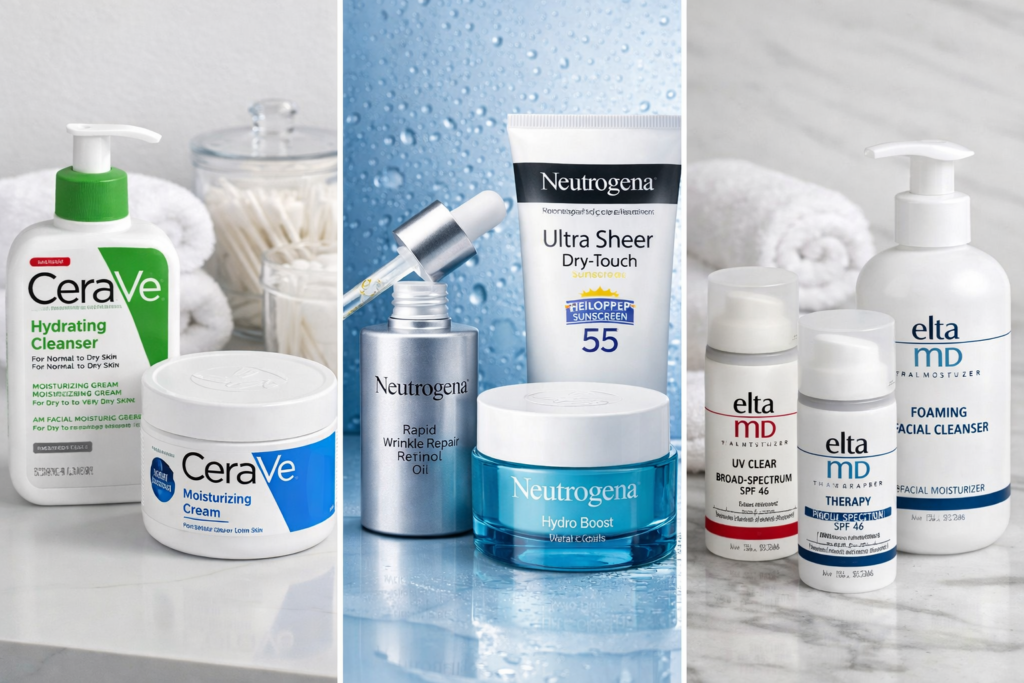 CeraVe, Neutrogena, and EltaMD skincare product collage featuring cleanser, moisturizer, and sunscreen for healthy glowing skin
