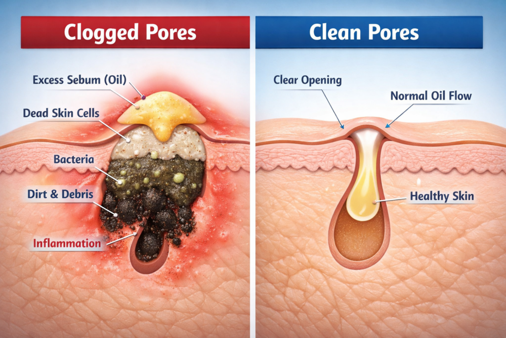 Clogged vs clean pores diagram showing sebum buildup, bacteria, and healthy skin structure for skincare education