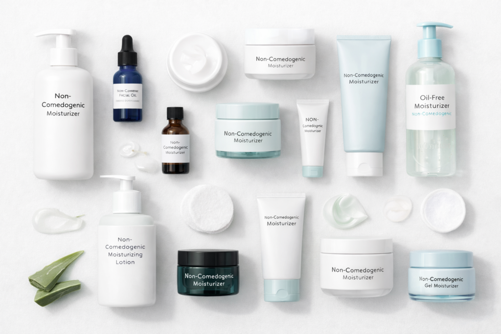 Non-comedogenic moisturizers flat lay with oil-free skincare products, clean aesthetic lineup for acne-prone and oily skin care routine