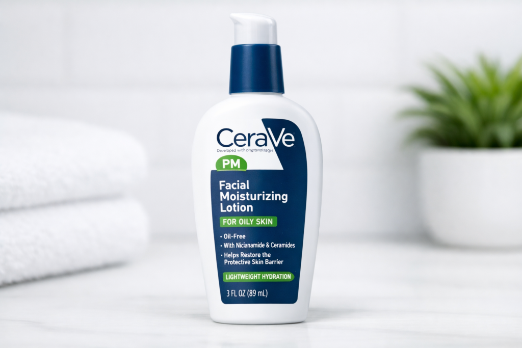 Image alt text suggestion: "CeraVe PM Facial Moisturizing Lotion for oily skin review 2026"