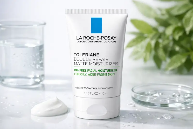 La Roche-Posay Toleriane oil-free moisturizer for oily acne-prone skin with lightweight matte finish on clean skincare background