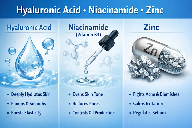 Hyaluronic acid, niacinamide, and zinc infographic showing benefits for oily acne-prone skin hydration, oil control, and blemish reduction