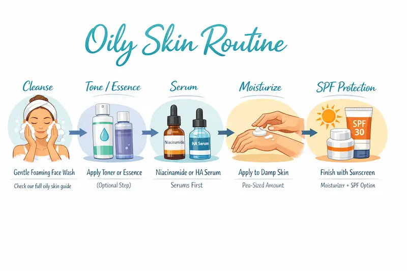 Oily skin routine diagram showing cleansing, toner, niacinamide or hyaluronic acid serum, moisturizer, and SPF application steps for clear, balanced skin