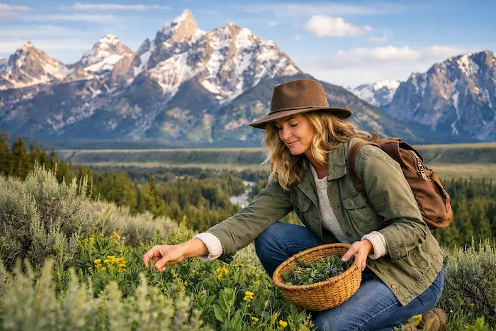 "Alpyn Beauty founder Kendra Kolb Butler harvesting plants in Jackson Hole Wyoming"</div>