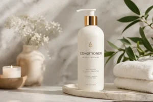 Hydrating conditioner bottle for soft, smooth hair – premium nourishing haircare product in minimalist spa setting
