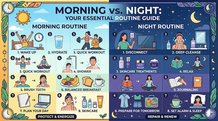 A clean 'Morning vs. Night: Your Essential Routine Guide' infographic for a health blog, detailing steps for protecting/energizing and repairing/renewing daily routines with numbered illustrations for waking, hydrating, working out, skincare (e.g., Olay), breakfast, planning, journal, and sleeping."