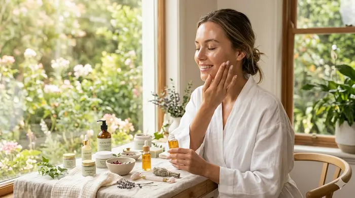 Model with glowing skin / skincare routine shot