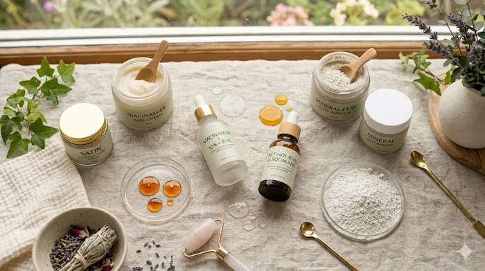 Ingredients visual (dropper bottles, textures, labels like niacinamide, retinol)