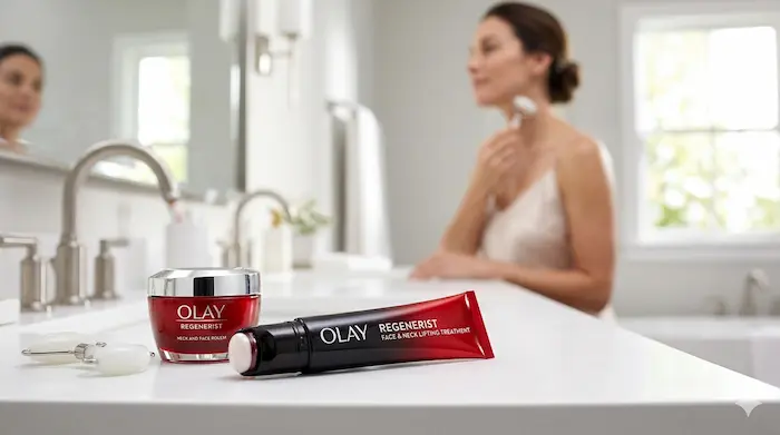 Olay Regenerist Neck and Face Roller with lifting treatment cream on a white bathroom counter, featuring a woman using a skincare roller in a blurred background.