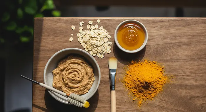 DIY zero-waste face mask ingredients including oats honey and turmeric for sustainable skincare routine