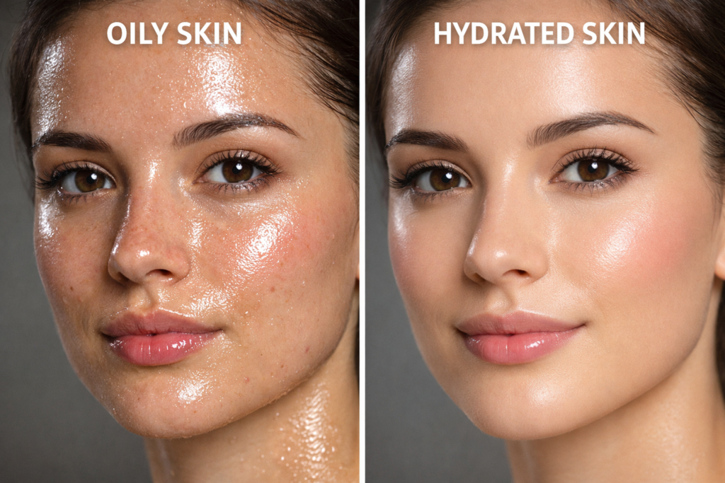 Oily skin vs hydrated skin comparison showing shiny, acne-prone texture vs smooth, glowing healthy complexion for skincare results guide