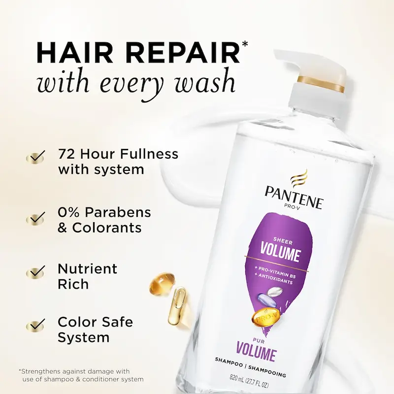 Pantene Sheer Volume Shampoo for fine thin hair with Pro-Vitamin B5, 72-hour fullness, paraben-free, lightweight hair repair and volume boost