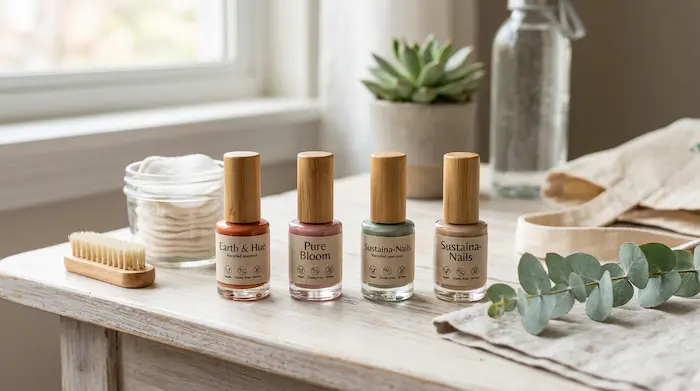 Non-toxic ethical nail polish bottles as sustainable makeup alternative — eco-friendly beauty Earth Day swap