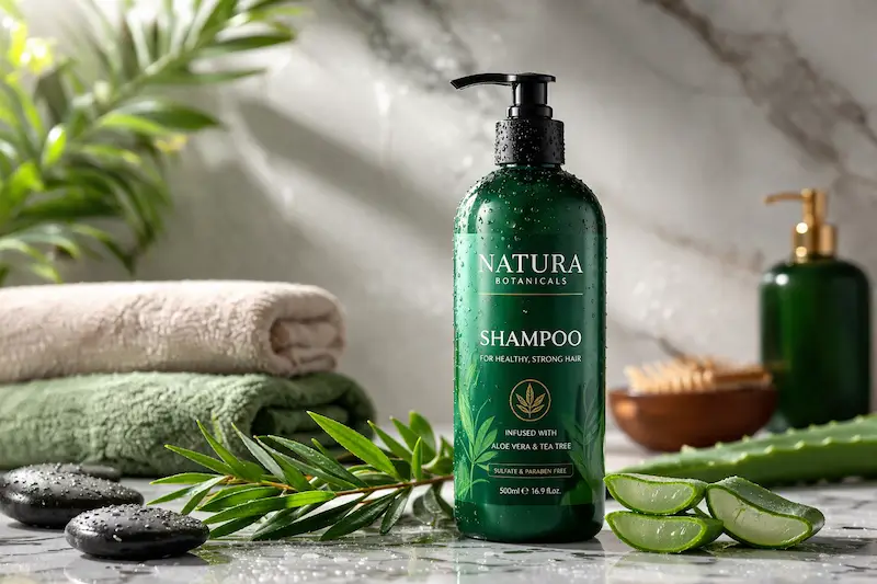 “Minimalist shampoo bottle in spa setting with water droplets, ideal for healthy hair care routine and scalp cleansing”