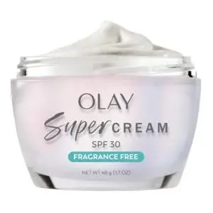 “Olay Super Cream SPF 30 fragrance free moisturizer for hydrated glowing skin and daily sun protection”