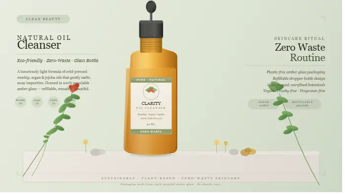  Natural oil cleanser in glass bottle as eco-friendly beauty product for zero-waste skincare routine